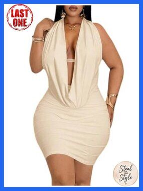 Plus Size Halter Neck Deep V Cowl Neck Bodycon Mini Dress